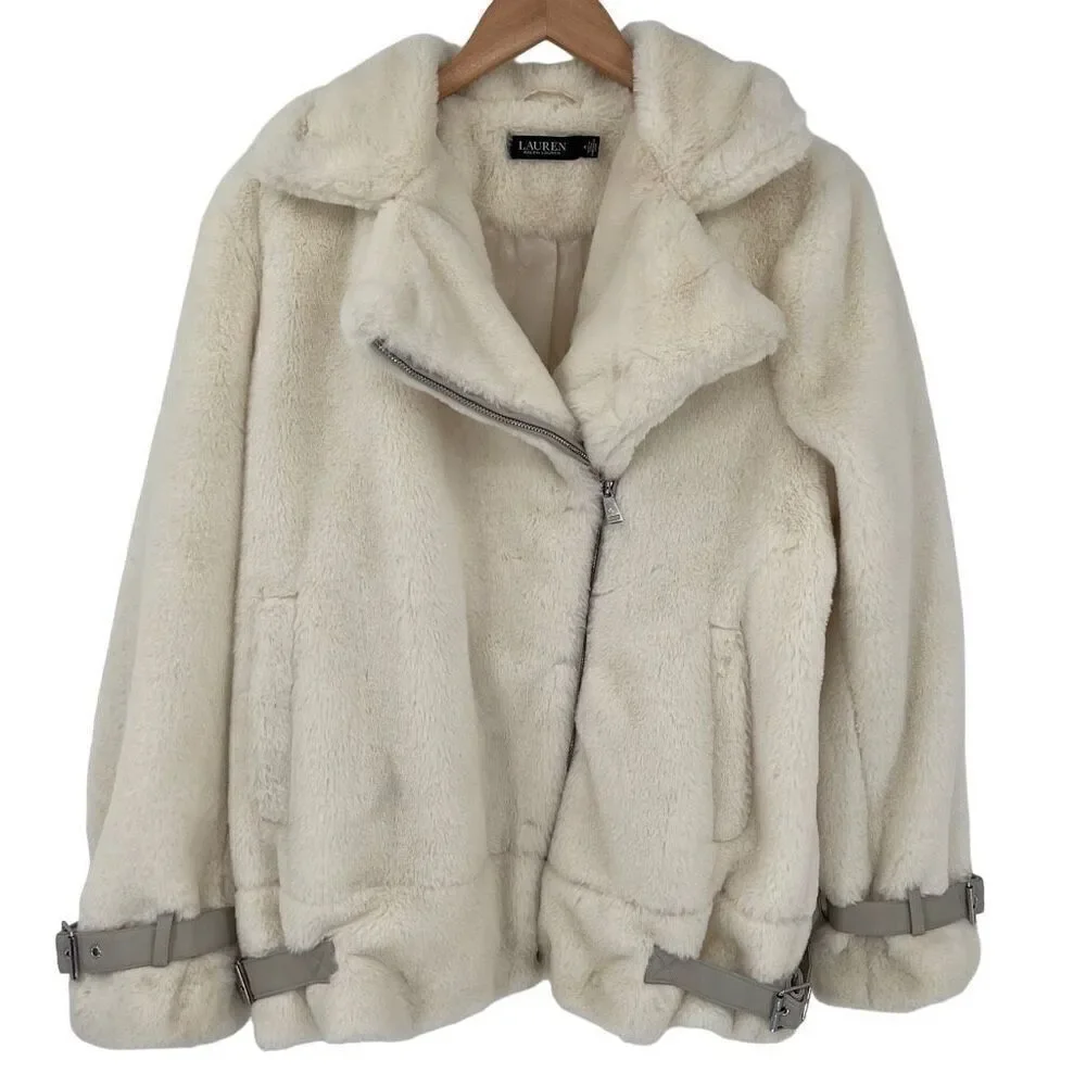 Lauren‎ Ralph Lauren Asymmetric Faux Fur Moto Coat Women Medium Cream Lined - Picture 5 of 12